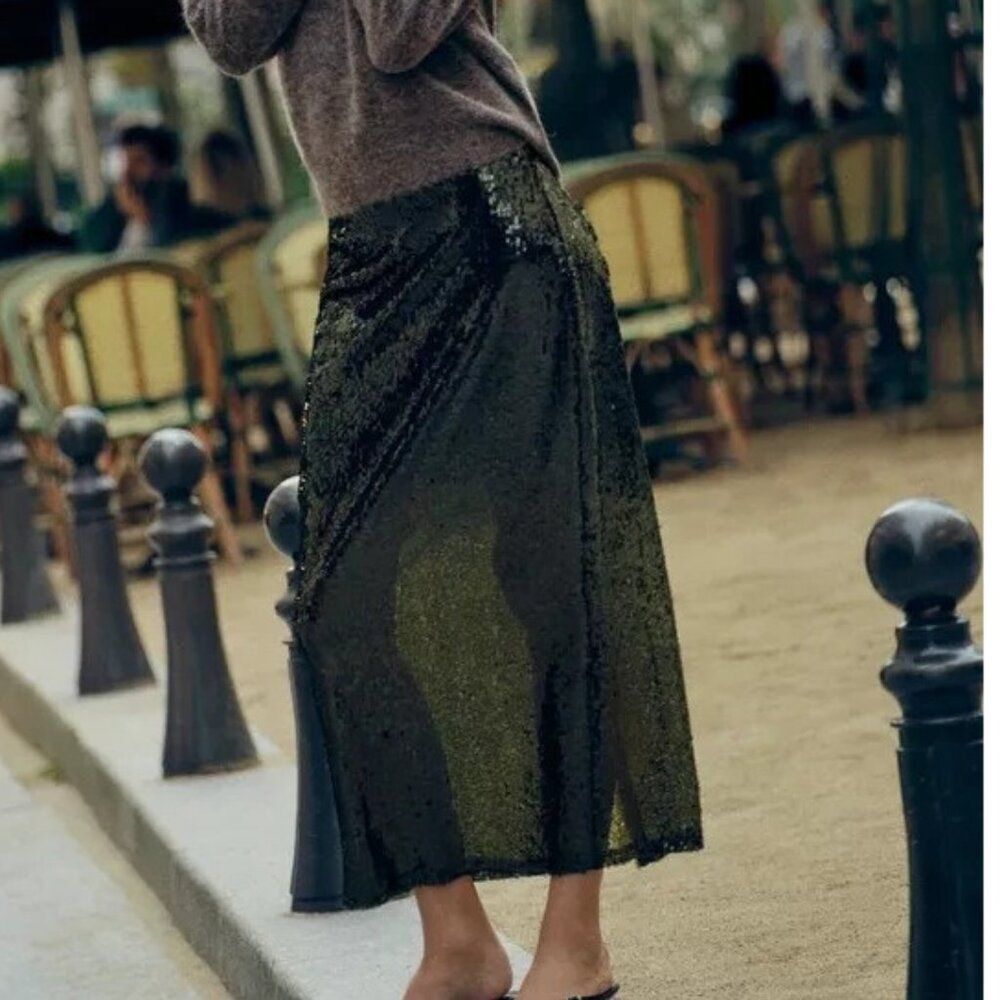 Zara Womens Midi Skirt Size L Green Sequin High Waist Cocktail 2157/248 NWT